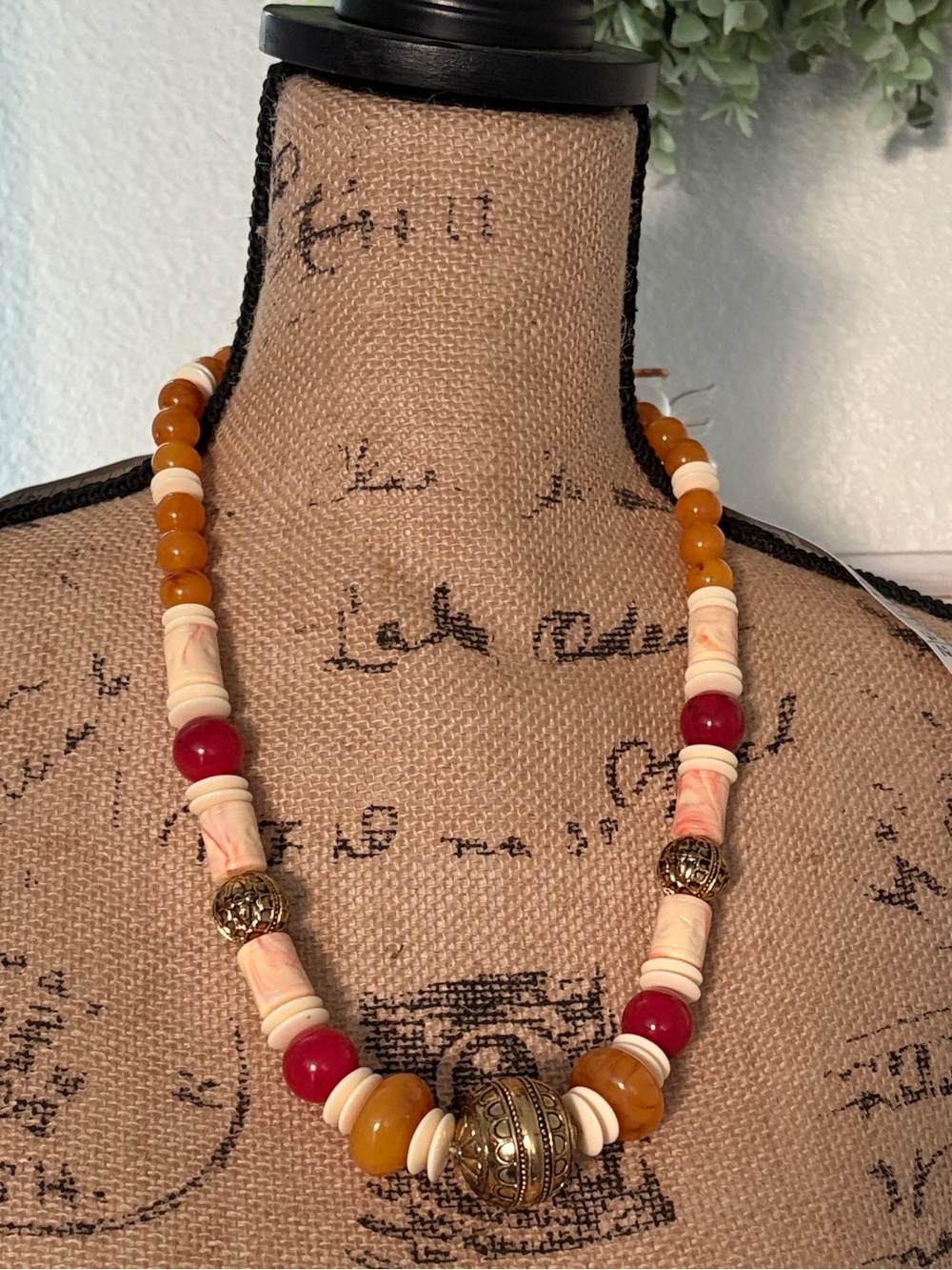 1990 Avon Moroccan Boho Necklace with Amber, Cream & Red Accents. Vintage